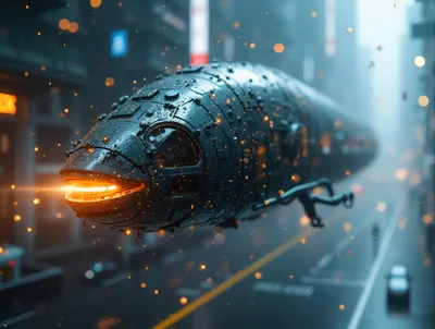 Futuristic Metallic Airship Hovering Over Urban City Street