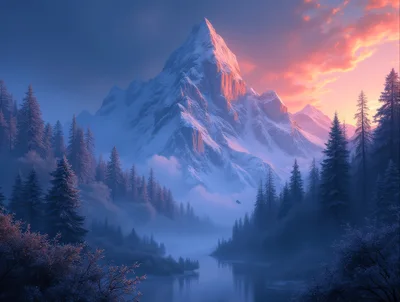 Majestic Snow Covered Mountain Peak At Sunset