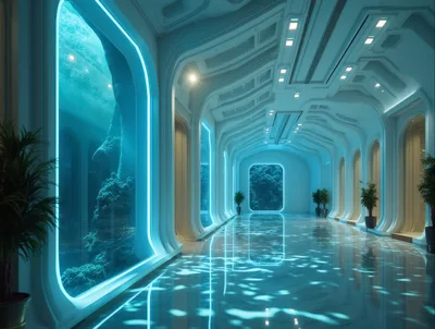Futuristic Underwater Corridor With Glowing Blue Lighting