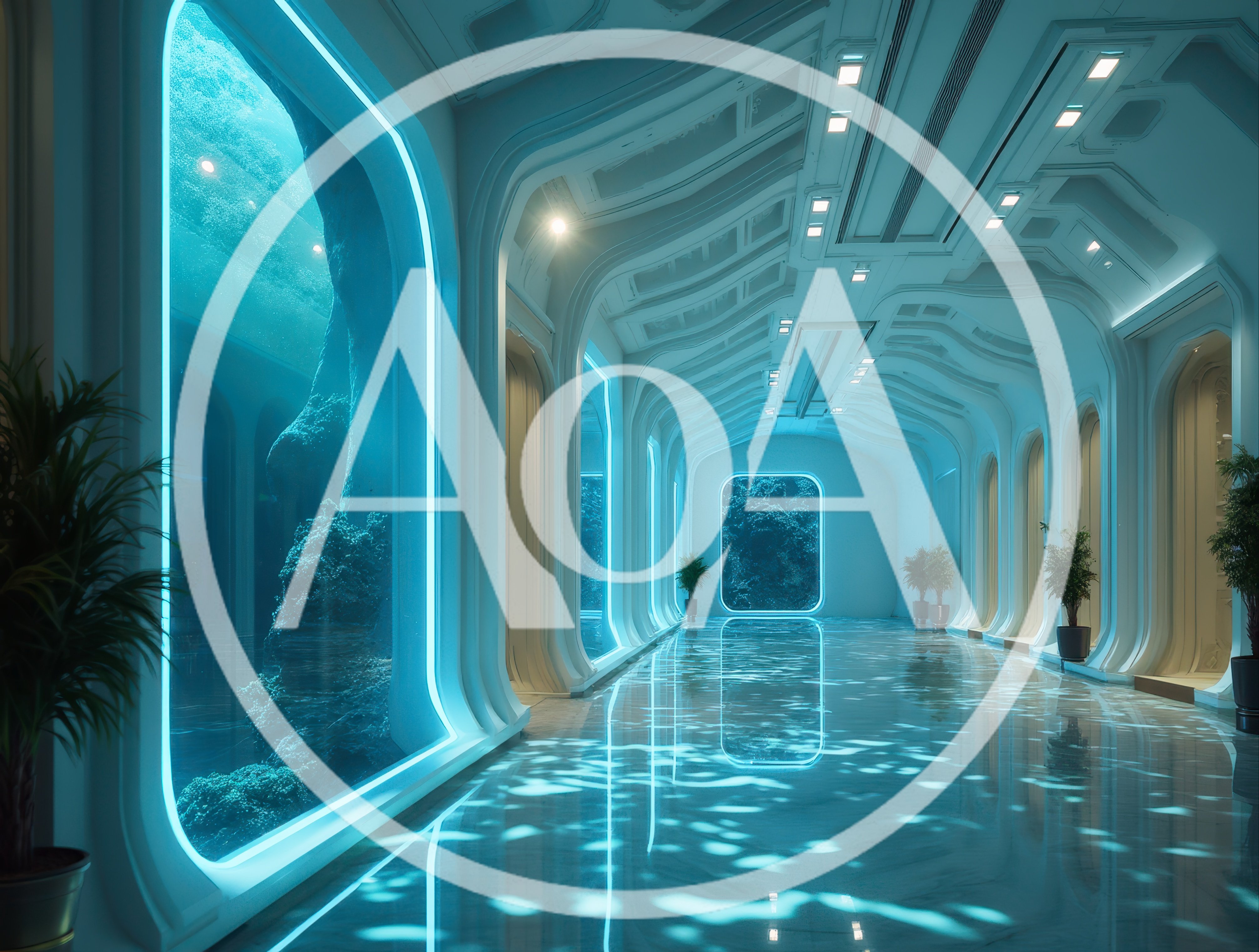 Futuristic Underwater Corridor With Glowing Blue Lighting