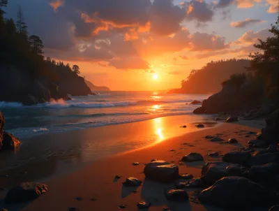 Golden Sunset Over A Secluded Rocky Beach