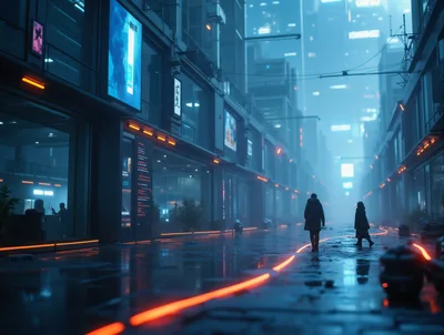 Two People Walking Down A Futuristic Cyberpunk City Street