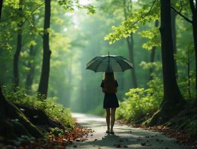 Woman Walking With Umbrella On Forest Path
