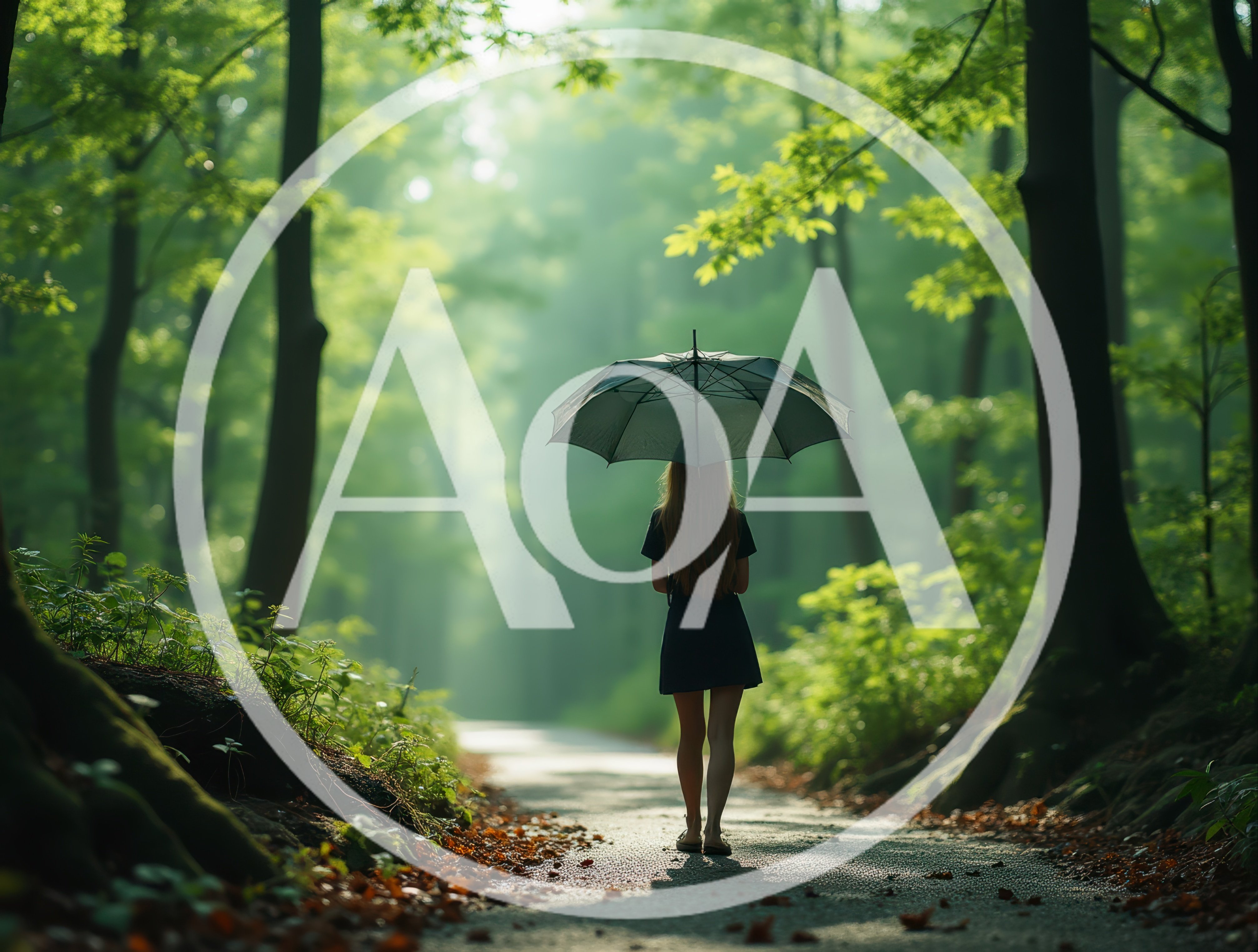 Woman Walking With Umbrella On Forest Path