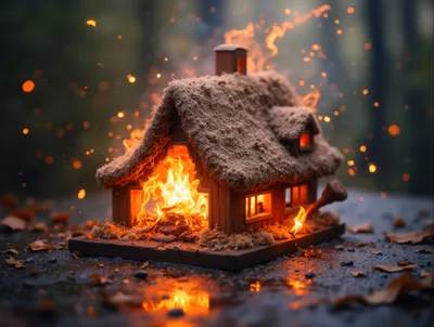 Miniature Wooden House Burning With Bright Flames