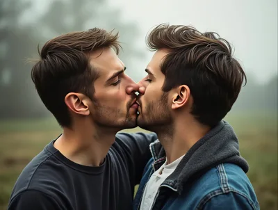 Two Men Sharing An Intimate Romantic Kiss Outdoors