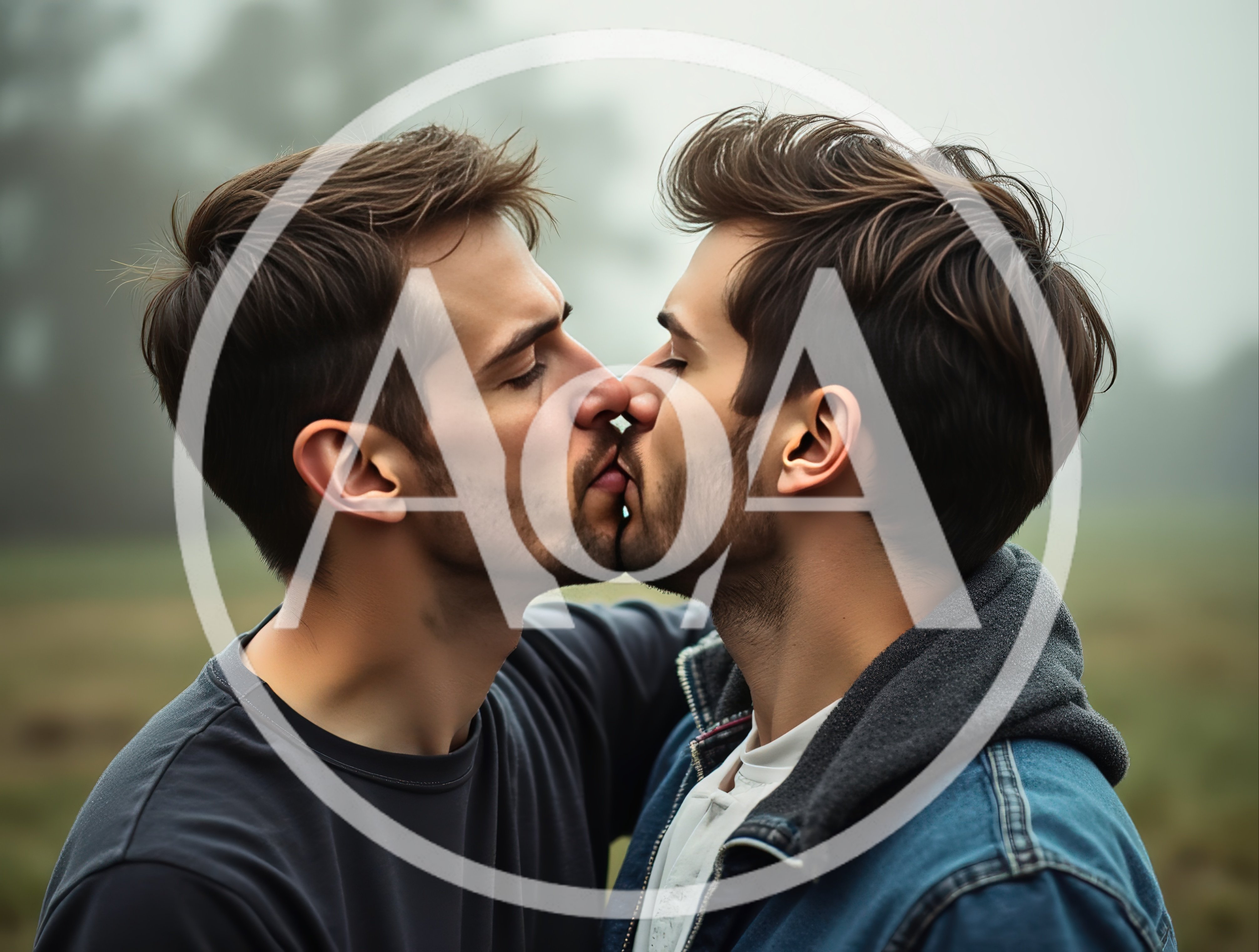 Two Men Sharing An Intimate Romantic Kiss Outdoors
