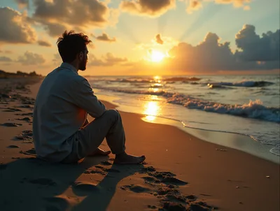 Man Sitting Alone On Beach At Sunset
