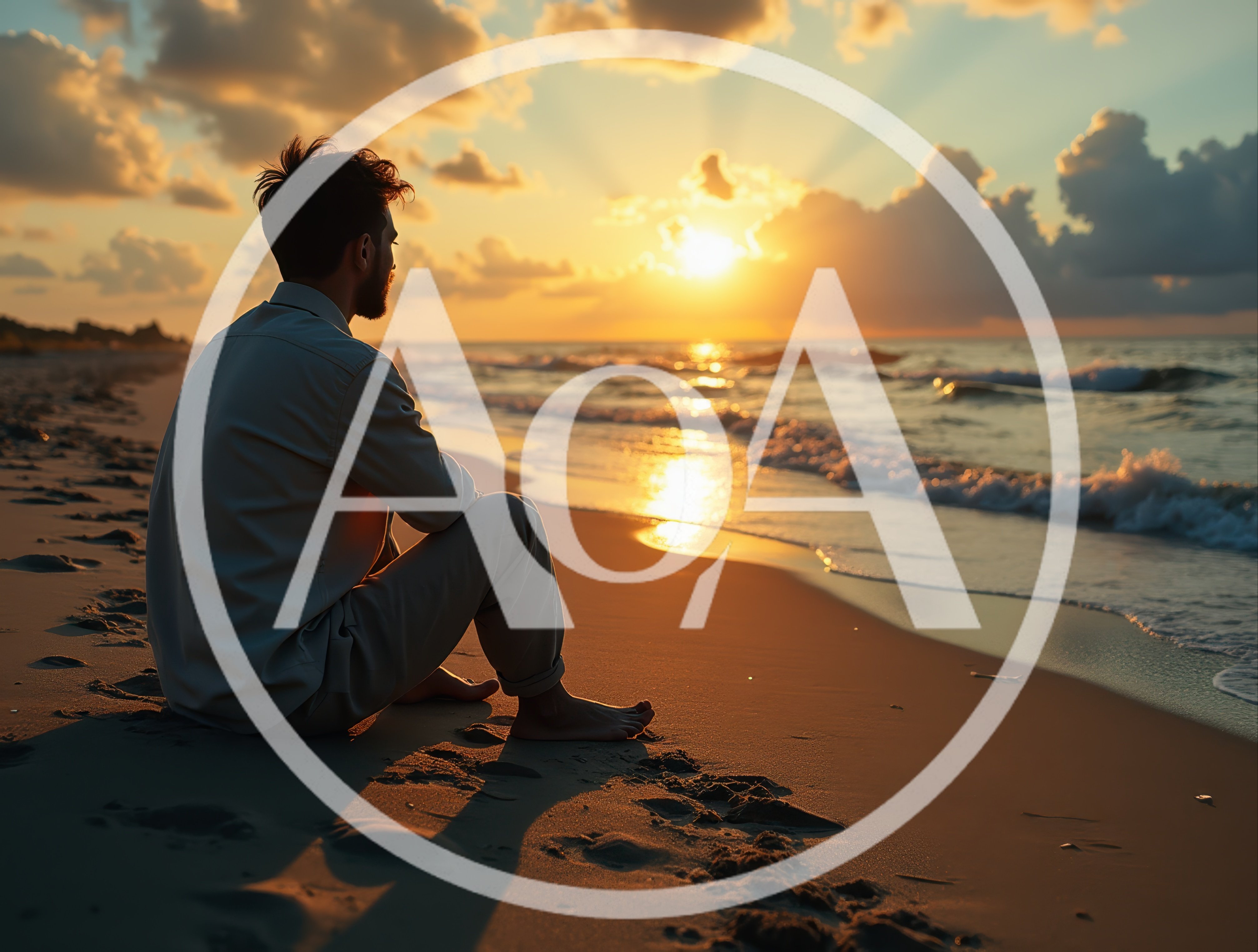 Man Sitting Alone On Beach At Sunset