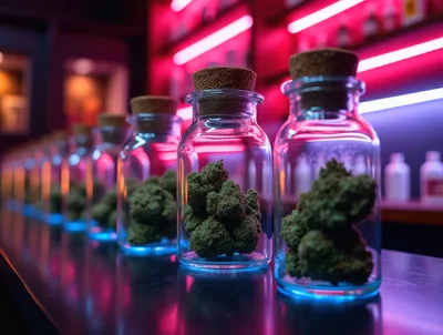 Glass Jars Filled With Cannabis Buds In Dispensary