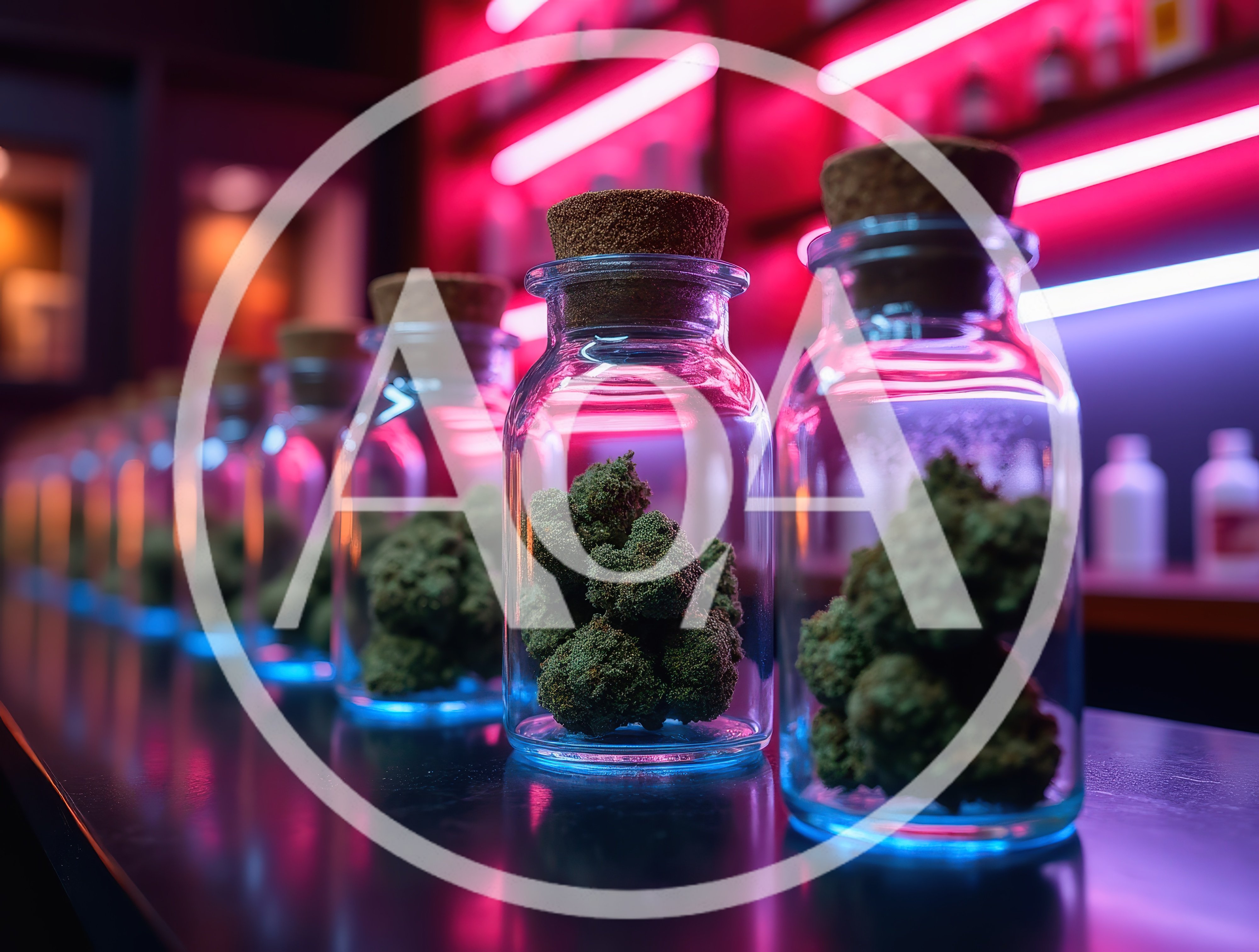 Glass Jars Filled With Cannabis Buds In Dispensary