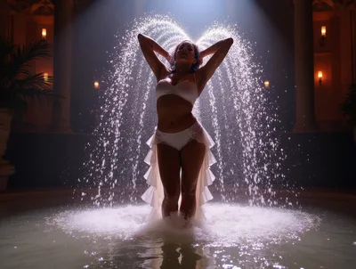 Woman Posing Under Indoor Fountain Water Feature