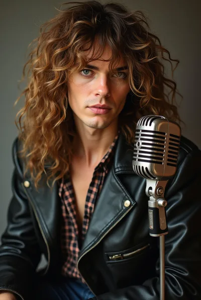 Young Man With Long Hair Singing Into Vintage Microphone
