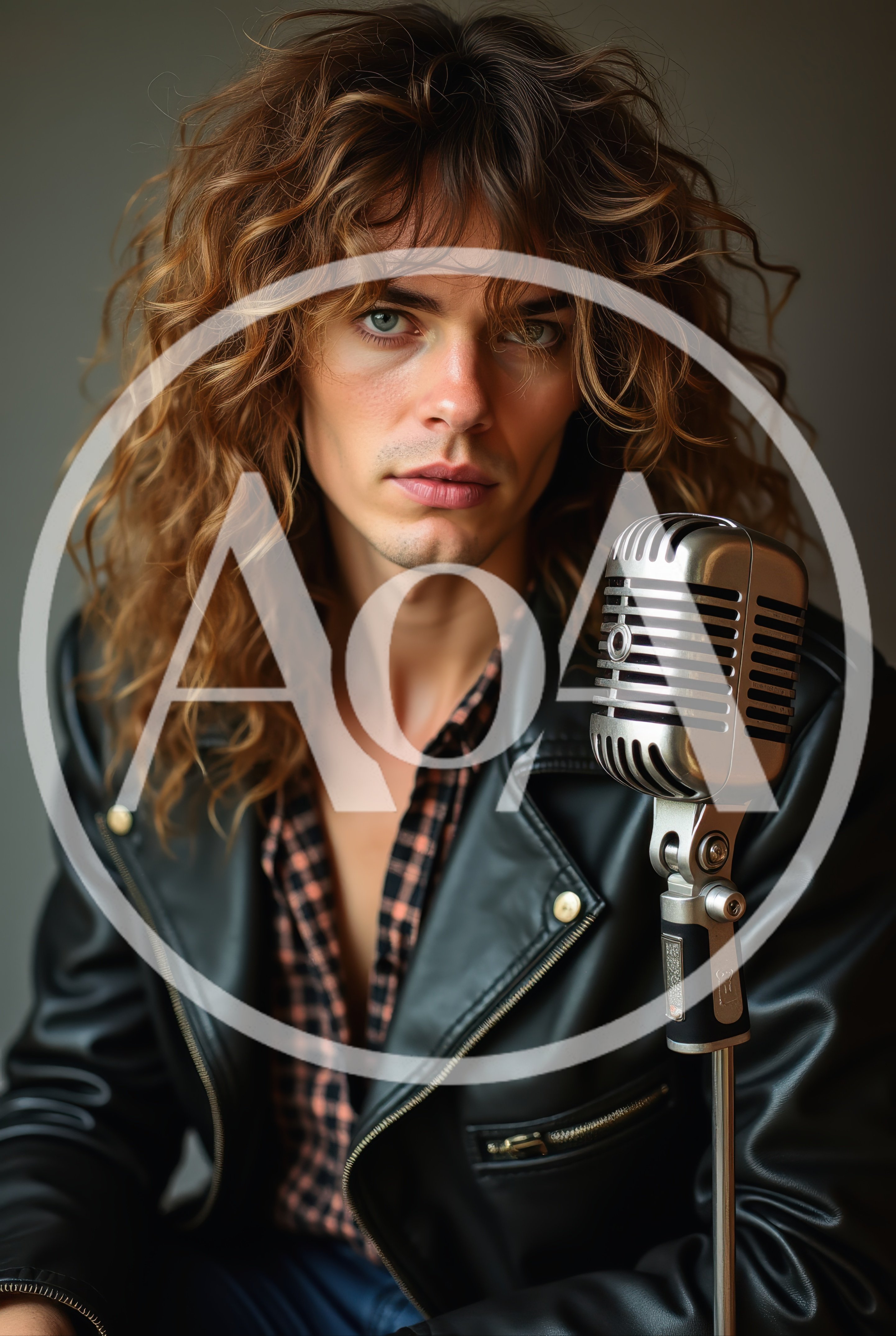 Young Man With Long Hair Singing Into Vintage Microphone