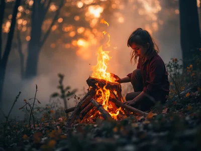 Young Girl Warming Hands by a Campfire in Forest