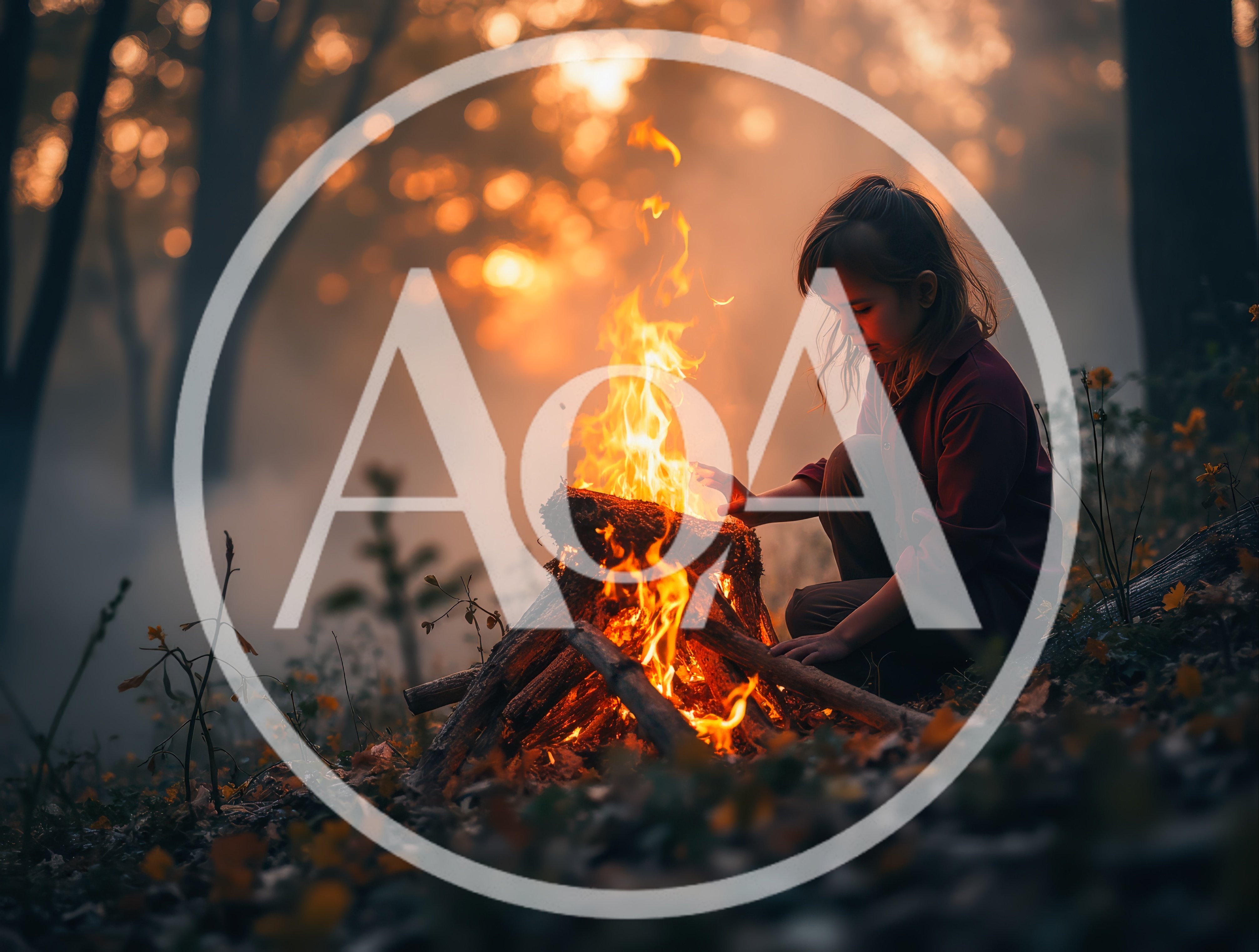 Young Girl Warming Hands by a Campfire in Forest