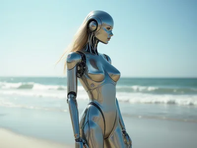 Metallic Female Android Standing On A Sunny Beach
