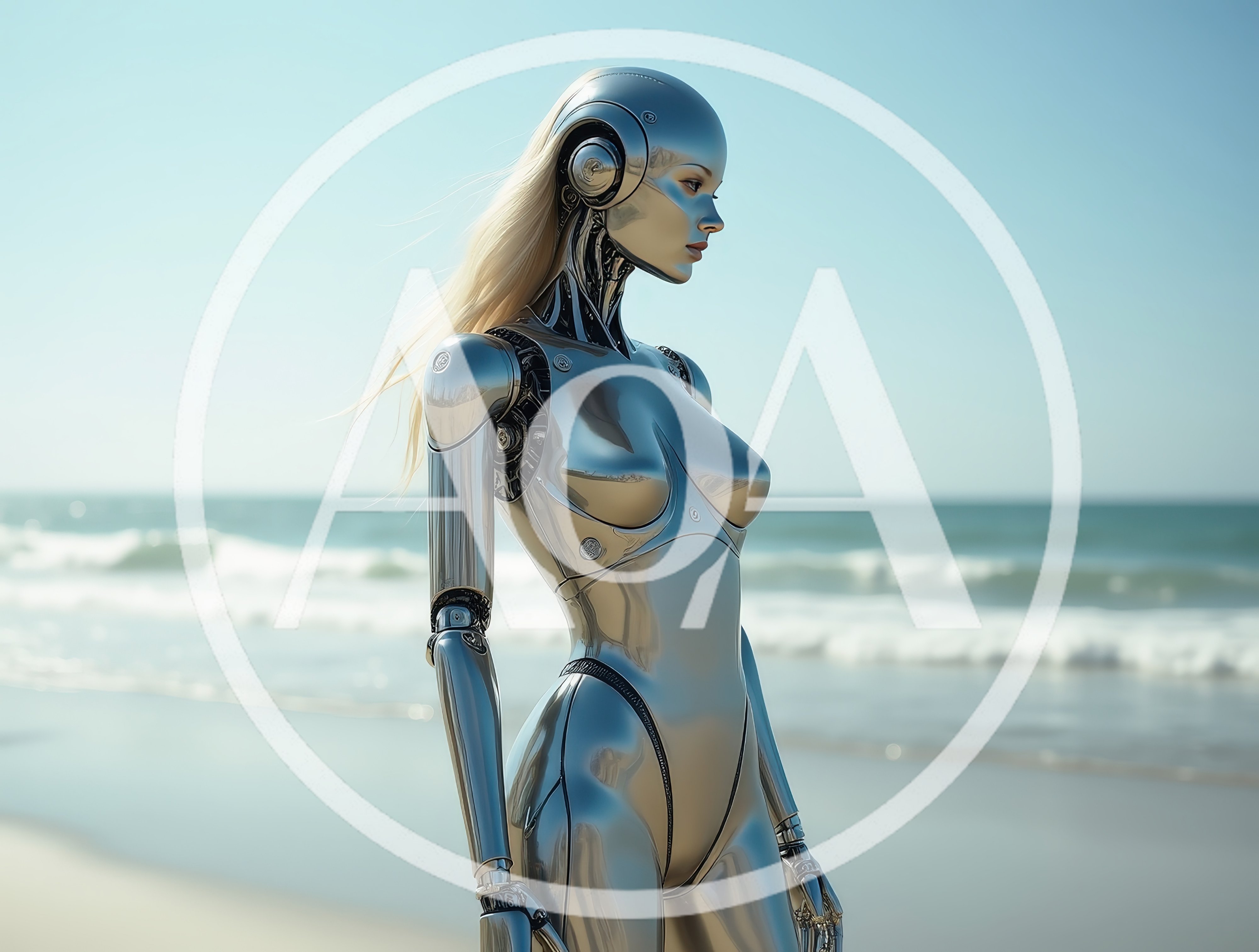 Metallic Female Android Standing On A Sunny Beach