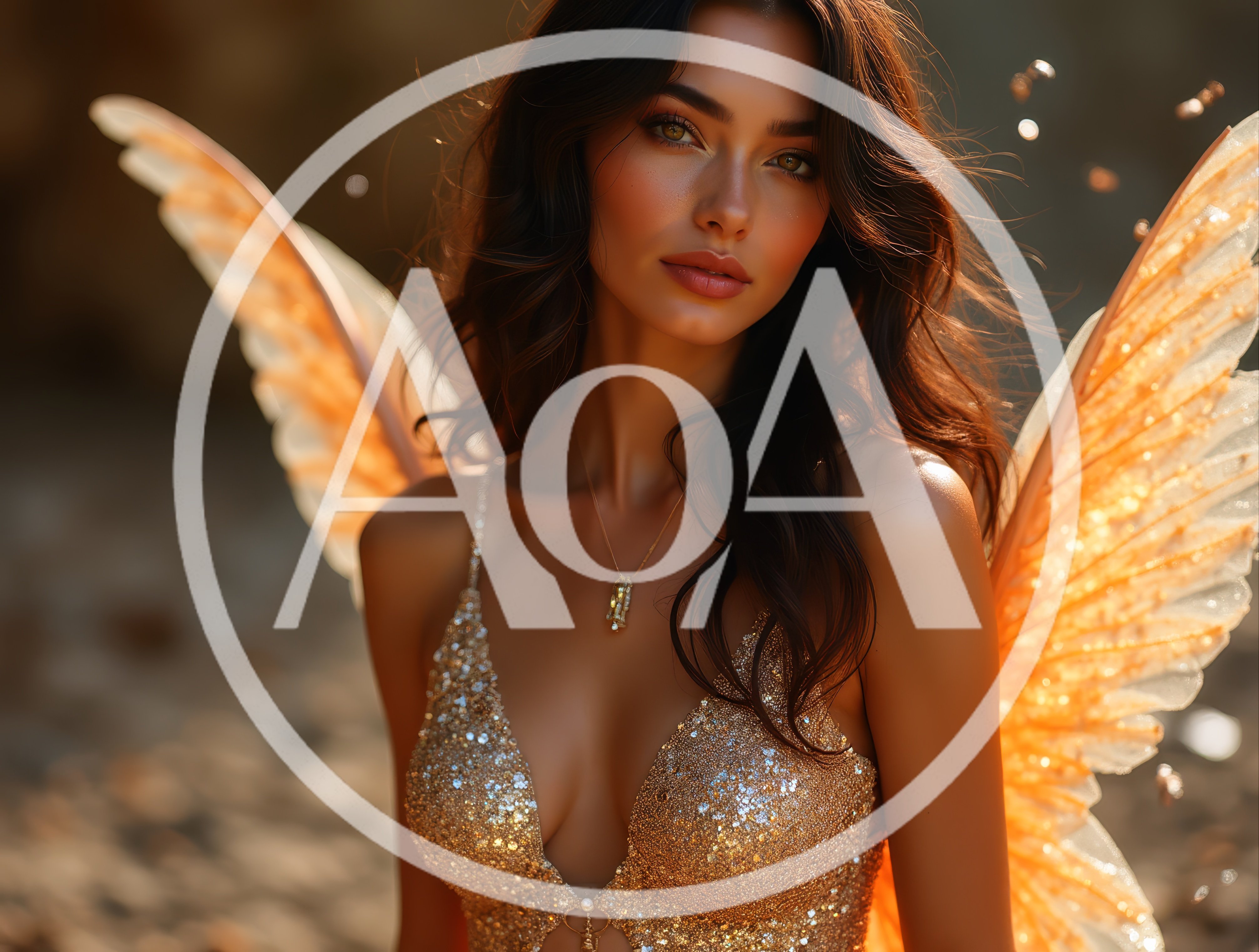 Beautiful Fairy Woman With Golden Wings And Sequined Dress