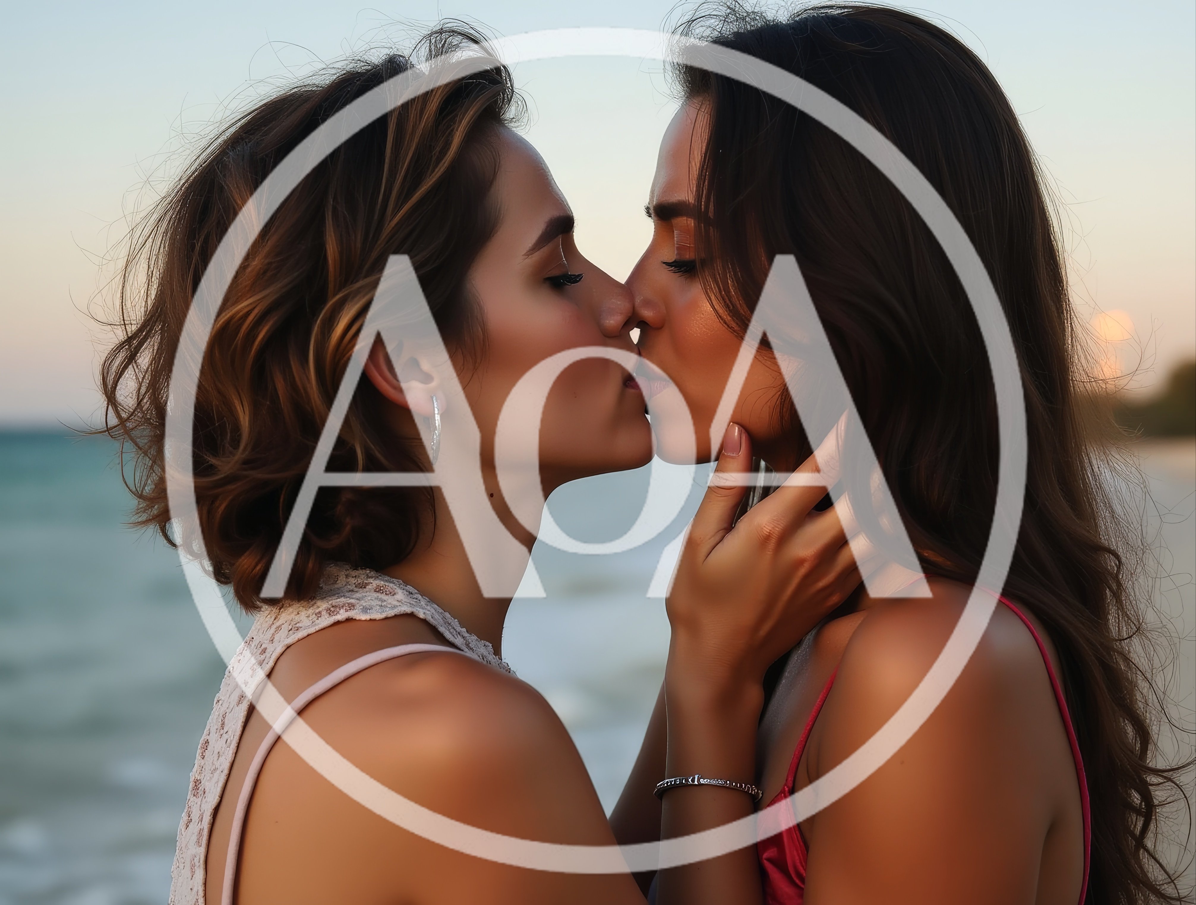Two Women Sharing An Intimate Kiss On The Beach