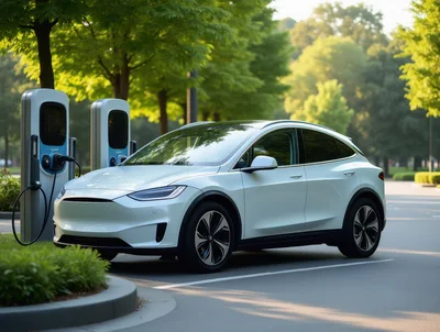 White Electric SUV Charging At A Public Station