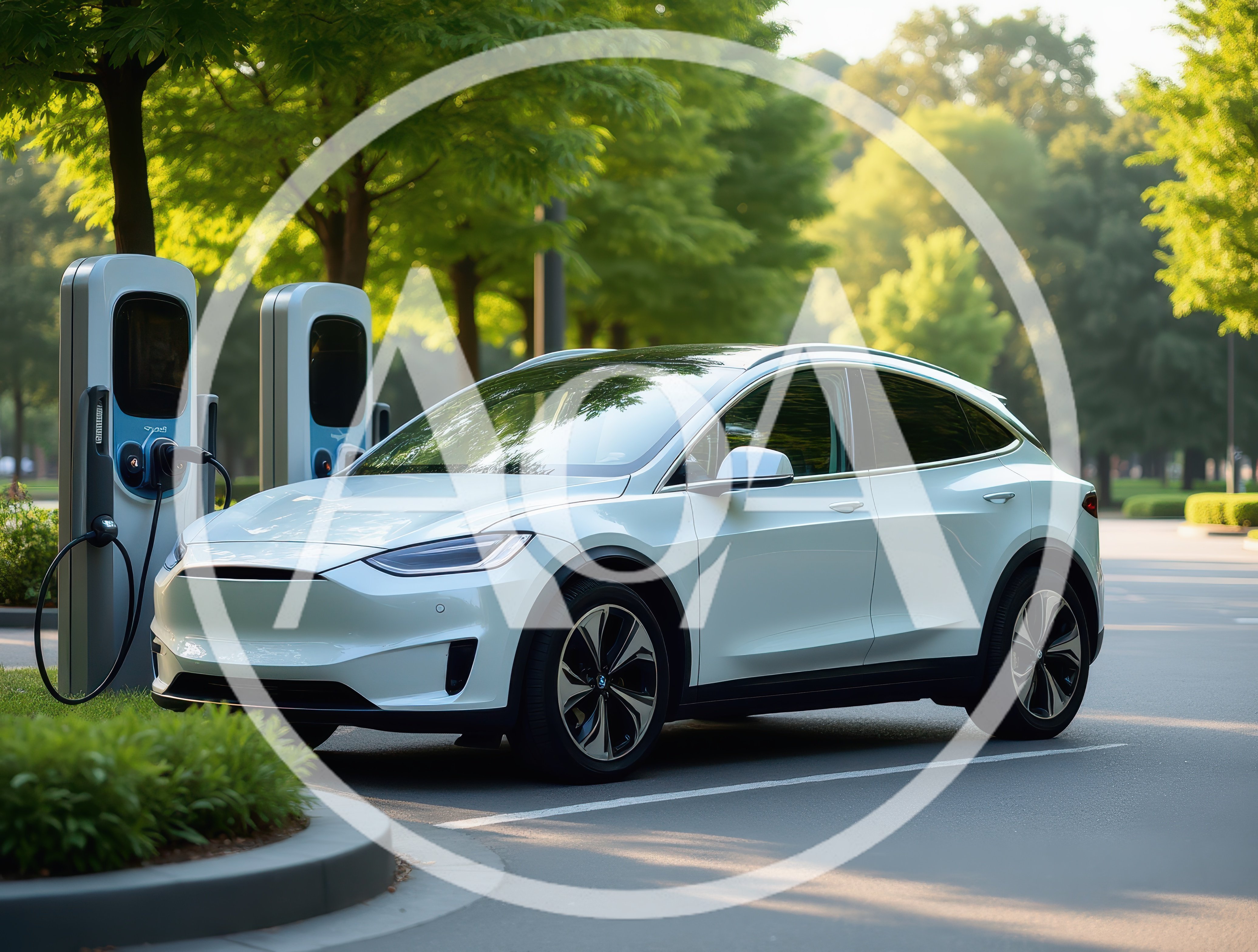 White Electric SUV Charging At A Public Station