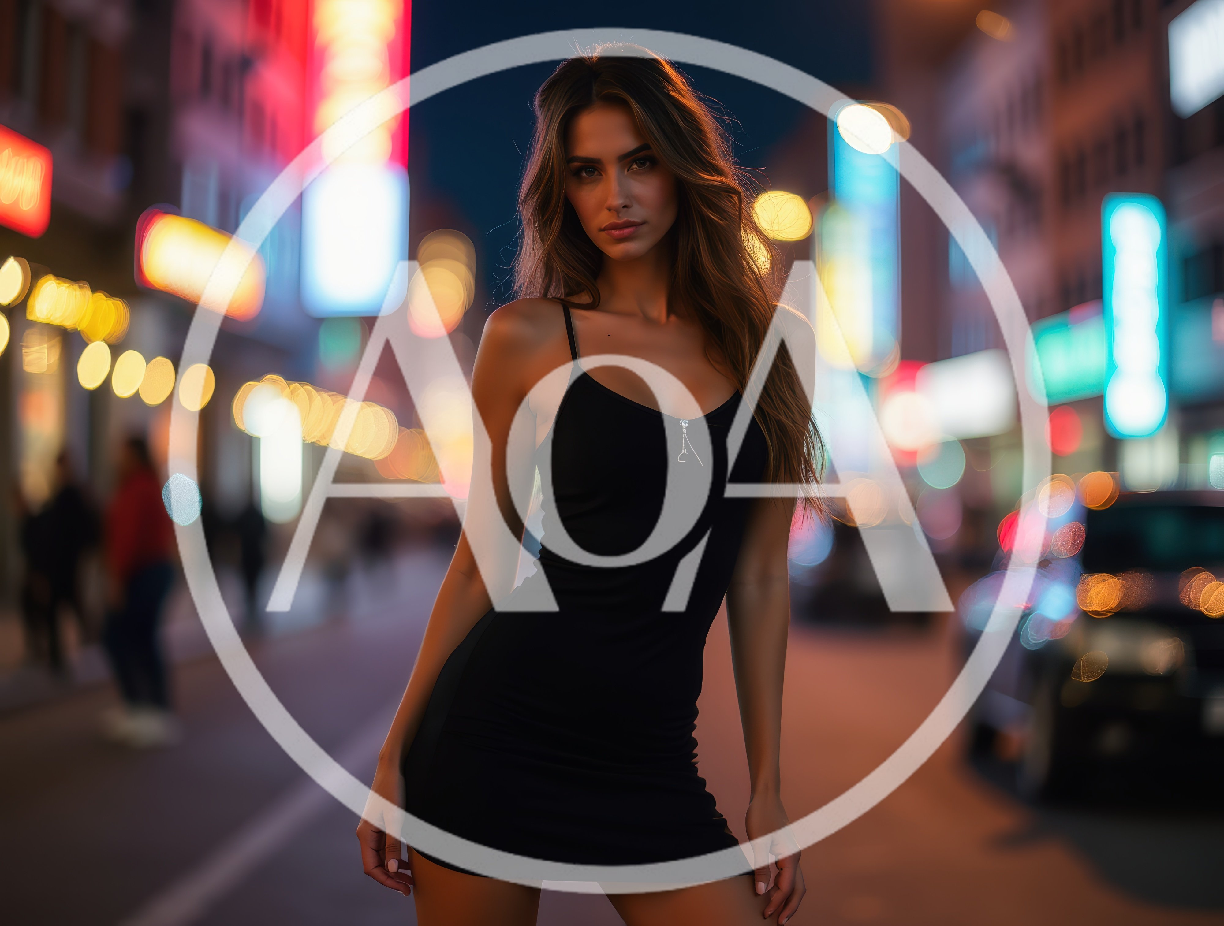 Young Woman Posing In A Black Dress At Night