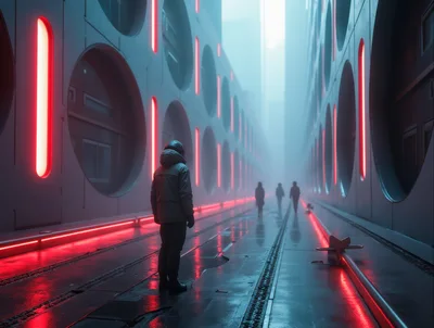 Futuristic Pedestrian Walking Through A Neon Lit Corridor
