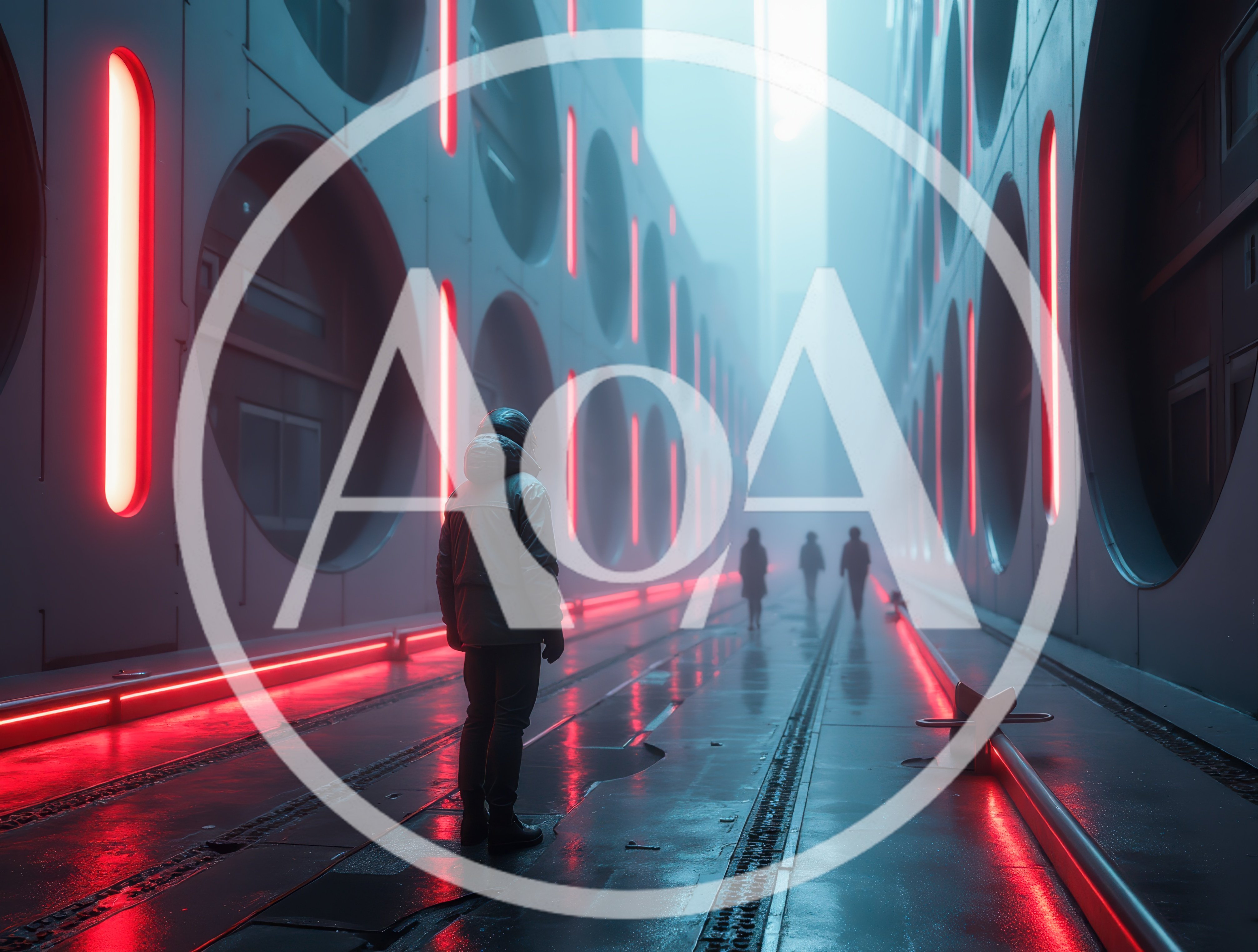 Futuristic Pedestrian Walking Through A Neon Lit Corridor