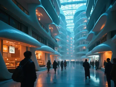 Futuristic Shopping Mall Interior With Pedestrians
