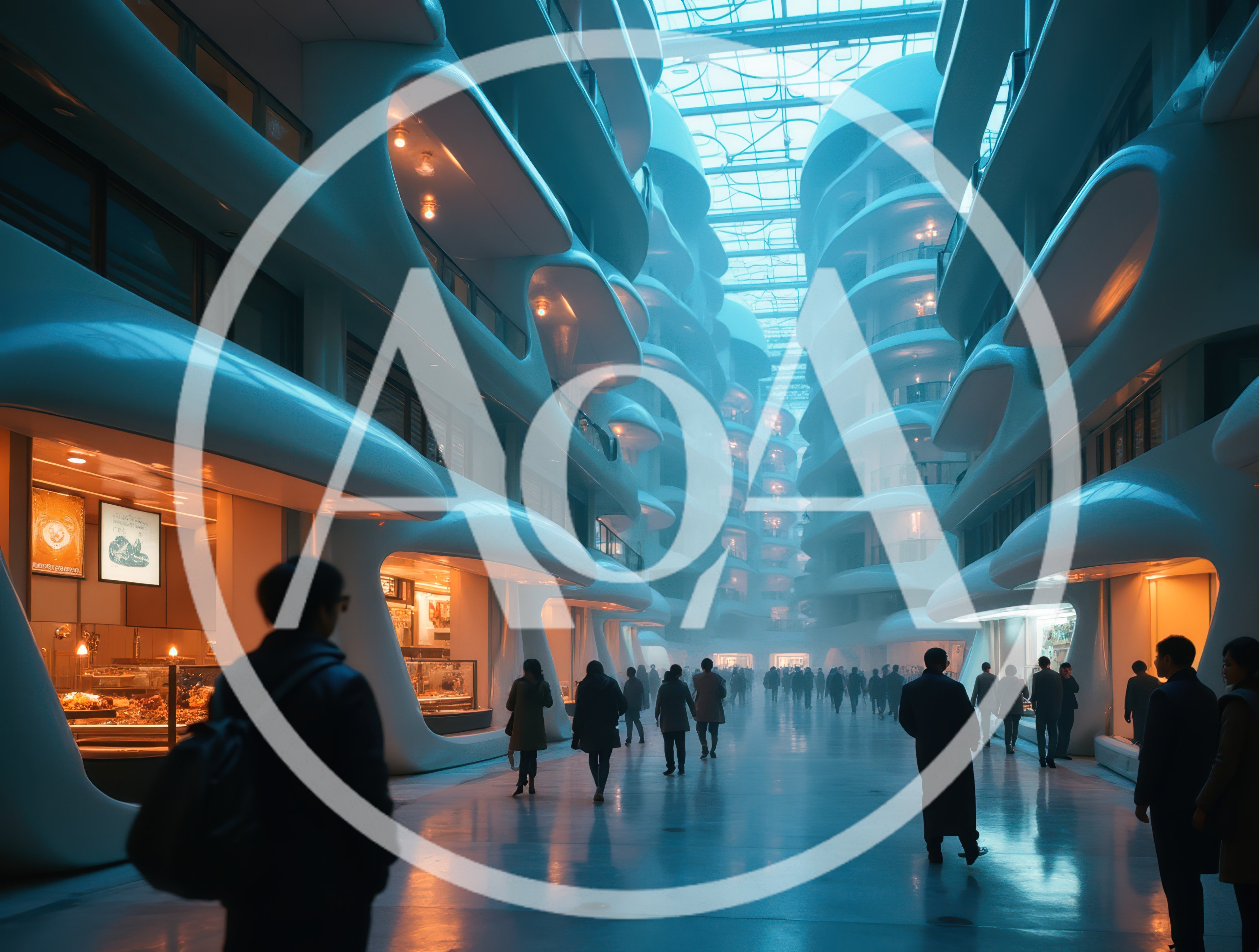 Futuristic Shopping Mall Interior With Pedestrians