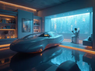 Futuristic Person Reading In A High Tech Underwater Room