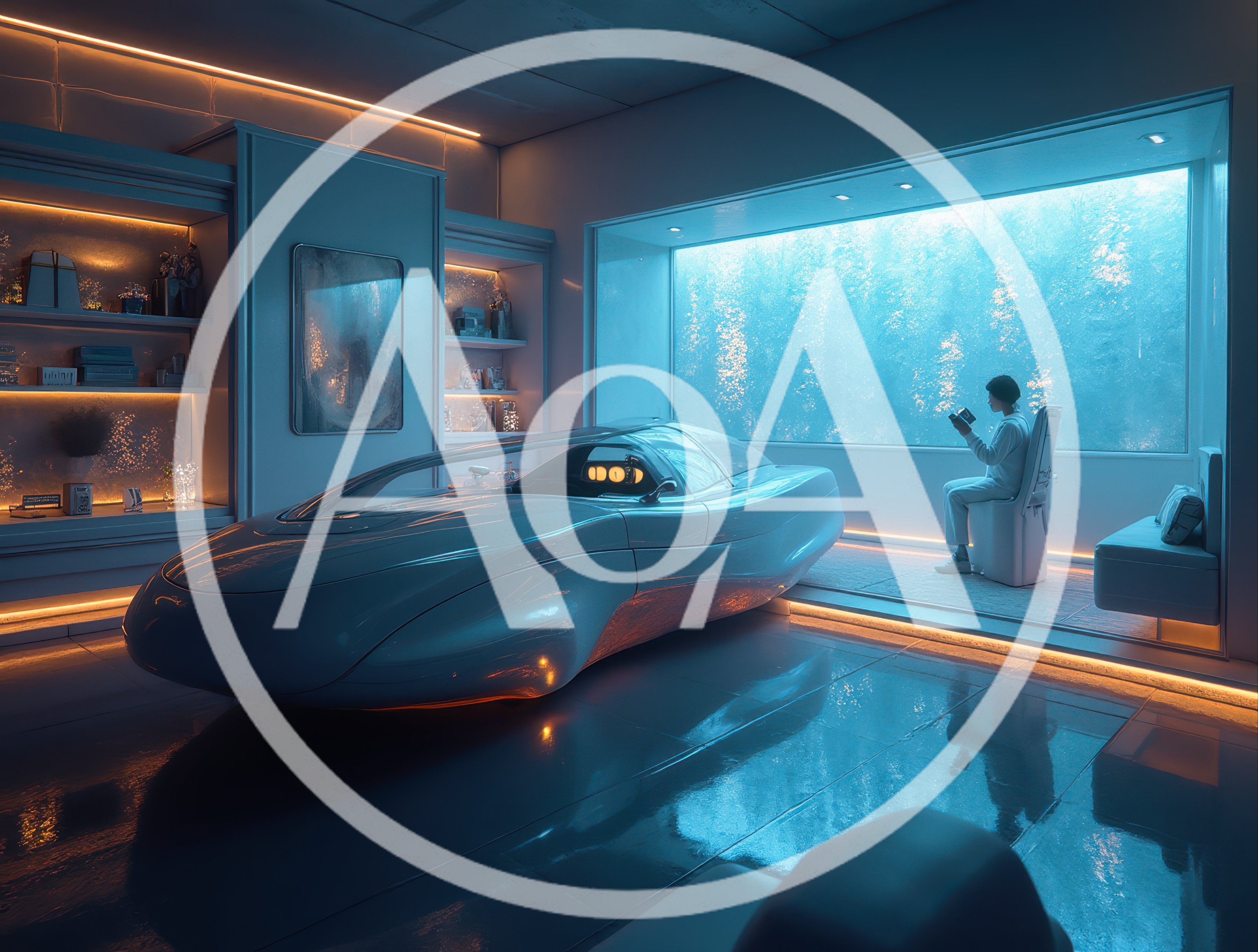 Futuristic Person Reading In A High Tech Underwater Room