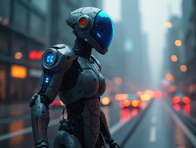 Futuristic Android Standing On A Rainy City Street