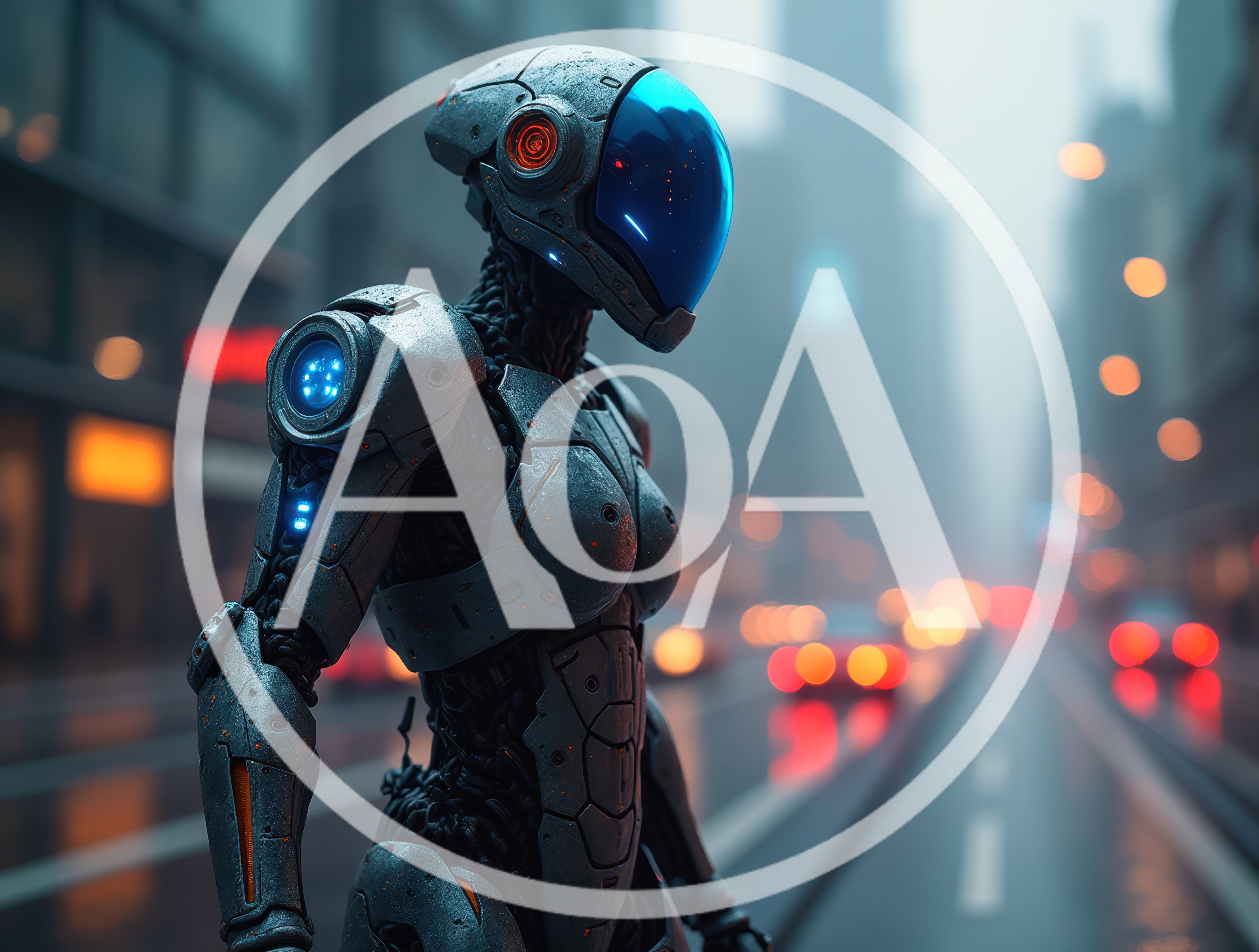 Futuristic Android Standing On A Rainy City Street