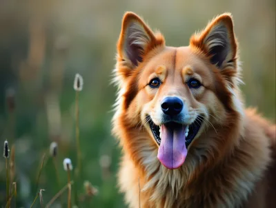 Portrait Of A Happy Golden Dog In A Field