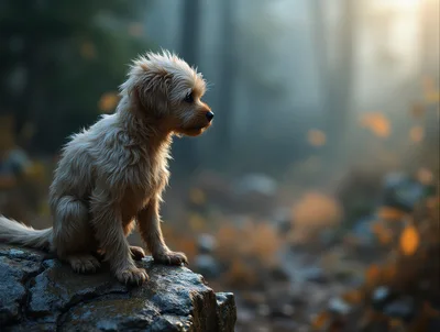 Small Fluffy Puppy Sitting On A Forest Rock