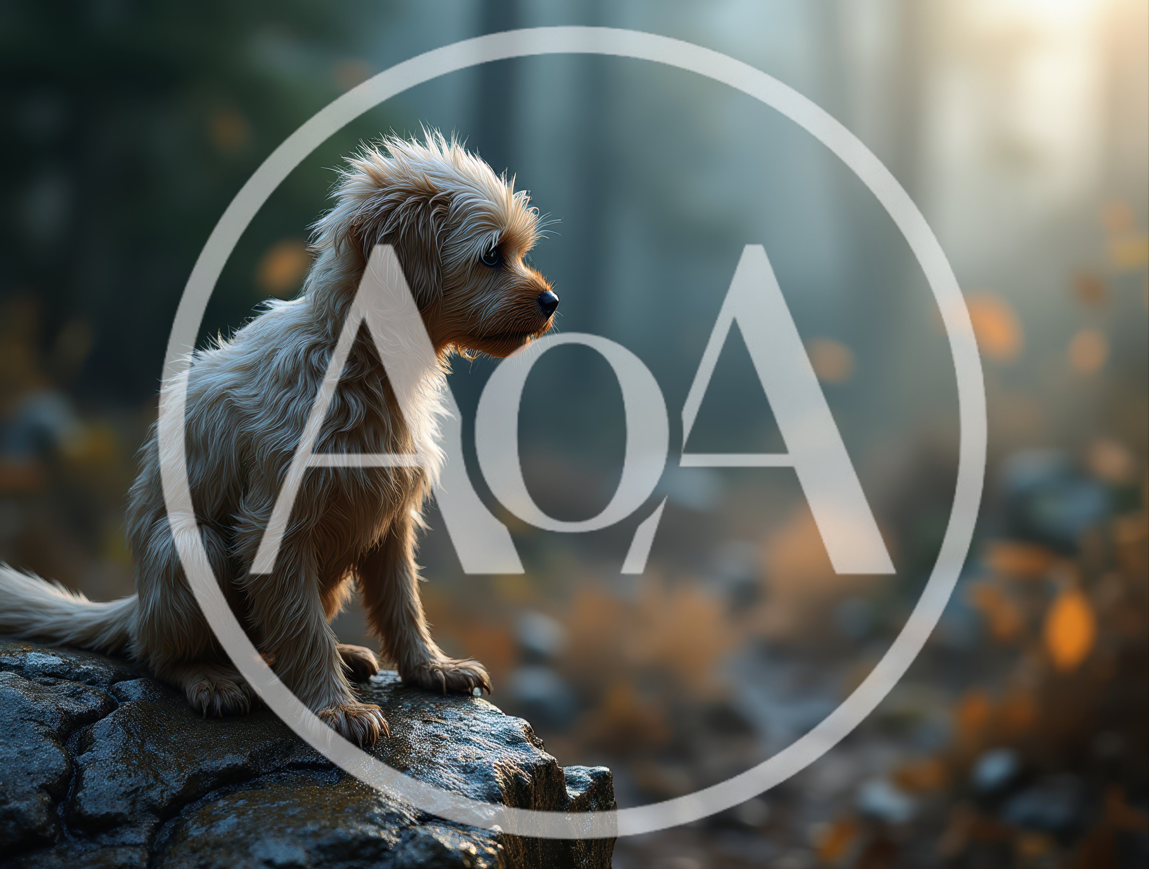 Small Fluffy Puppy Sitting On A Forest Rock