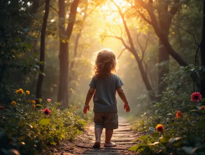 Young Child Walking Barefoot Along A Sunlit Forest Path