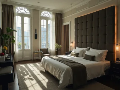 Luxurious Modern Bedroom With Large Windows And Tufted Headboard