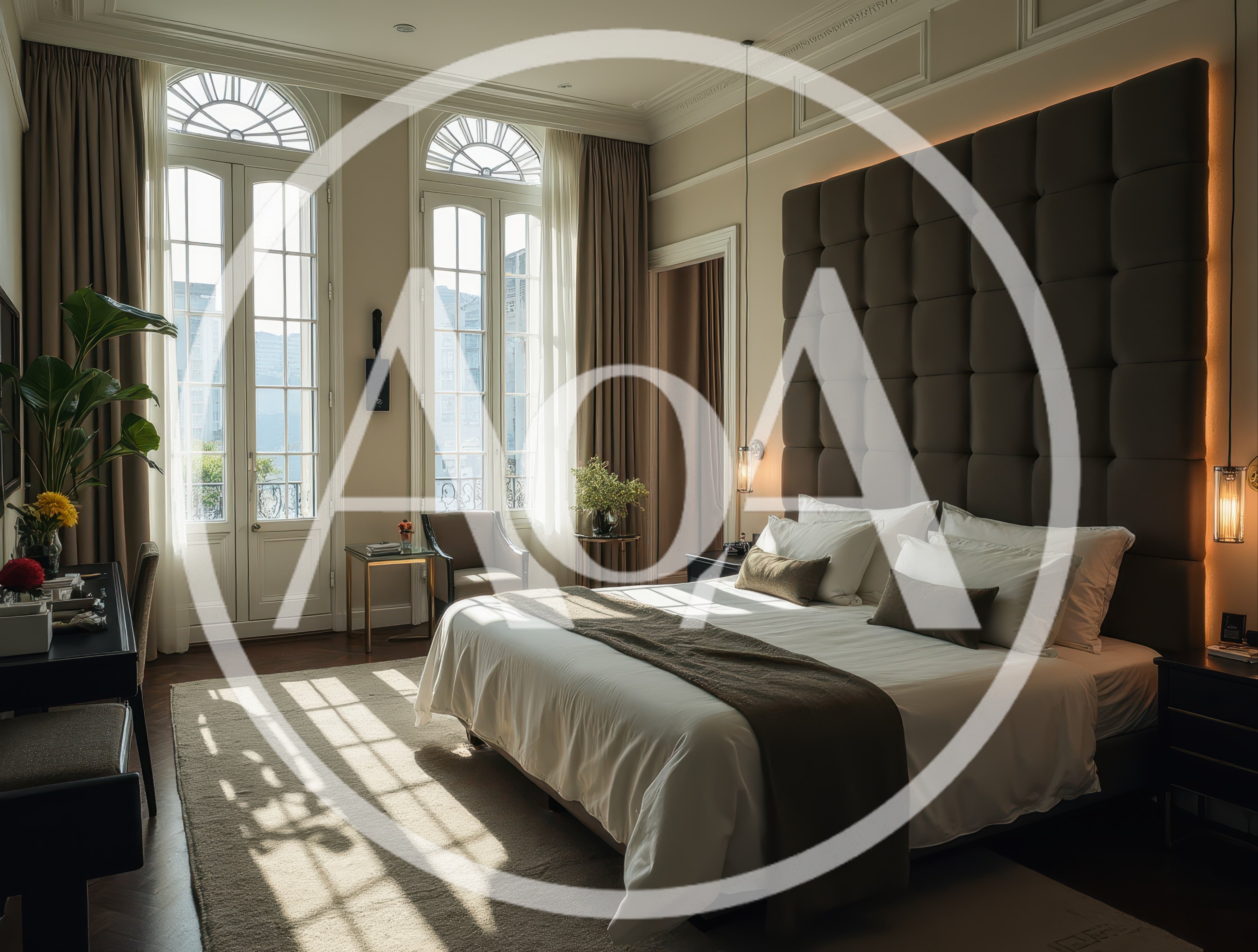 Luxurious Modern Bedroom With Large Windows And Tufted Headboard