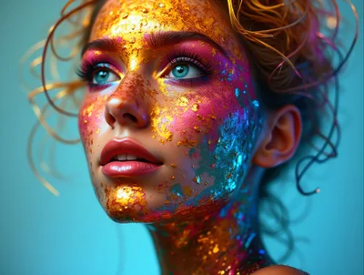 Portrait Of A Woman With Gold Leaf And Colorful Makeup