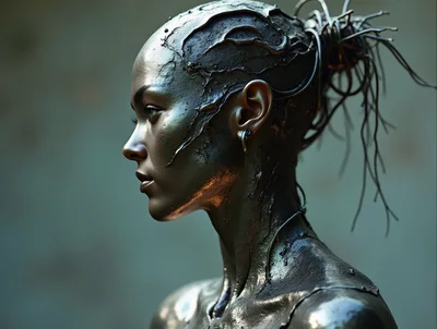 Cybernetic Humanoid Portrait With Metallic Skin Texture