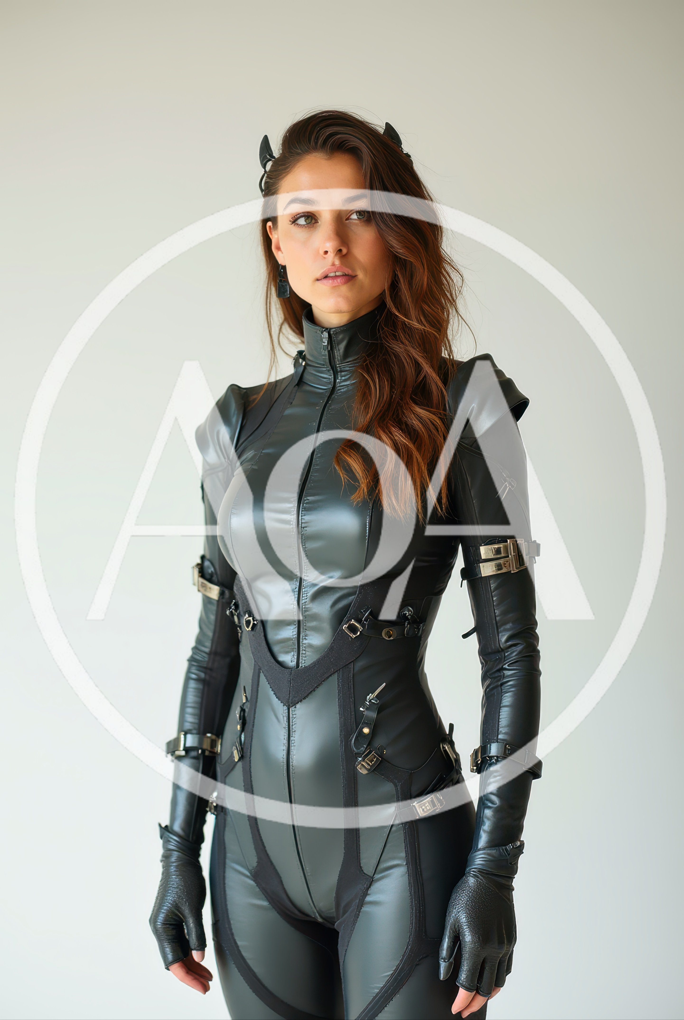 Woman Wearing Futuristic Black Tactical Leather Bodysuit