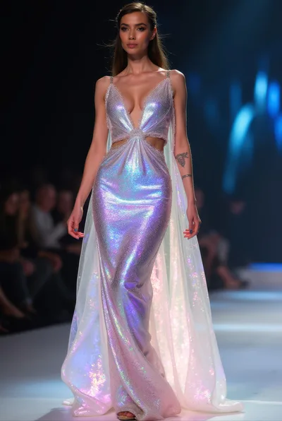 Fashion Model Walking The Runway In Iridescent Gown