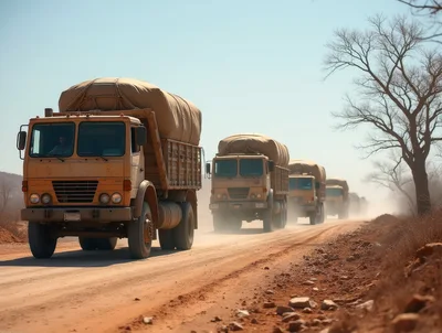 Military Supply Truck Convoy Driving On Dusty Road