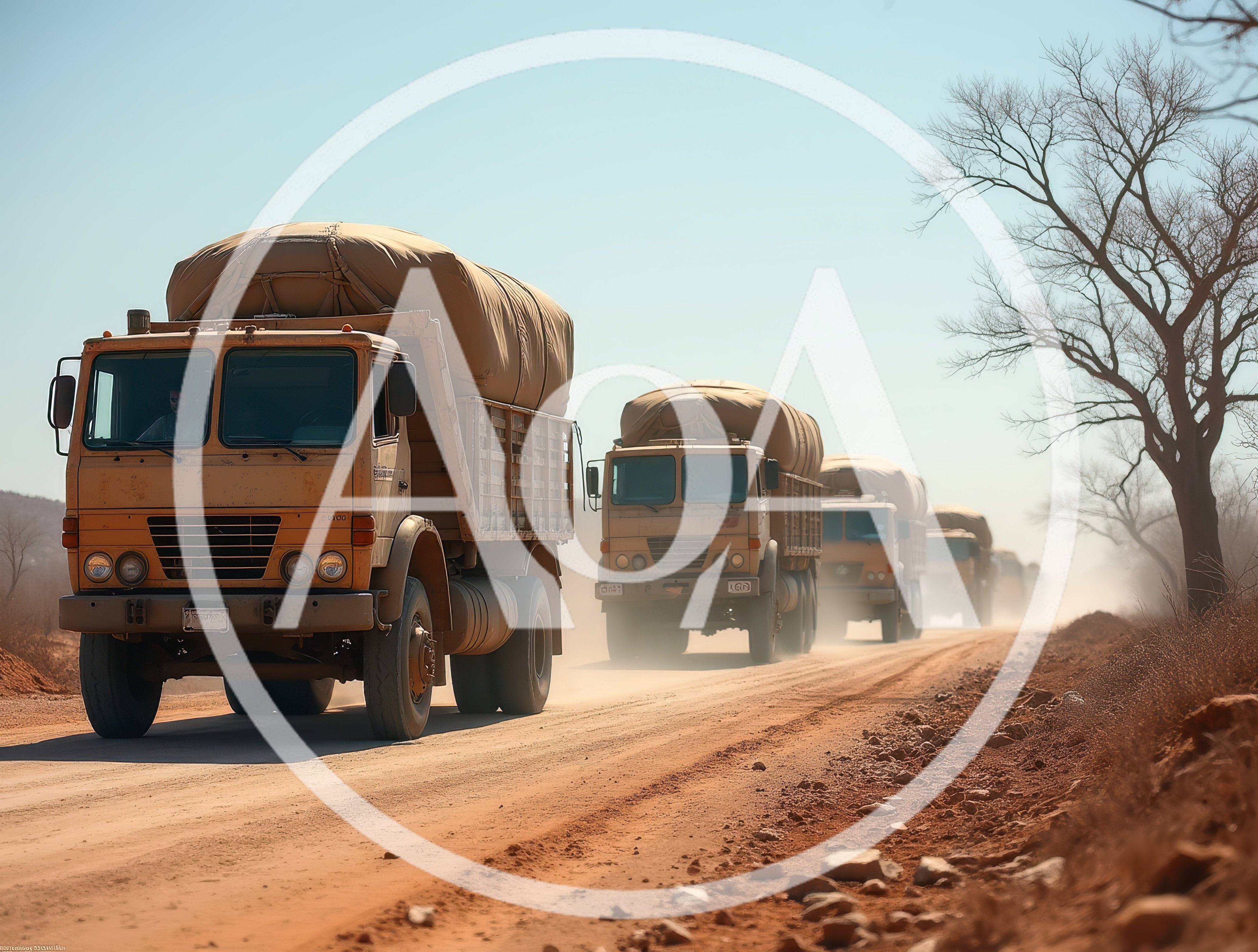 Military Supply Truck Convoy Driving On Dusty Road