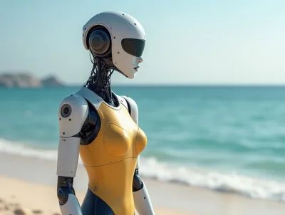 Futuristic Android Standing On A Sunny Beach