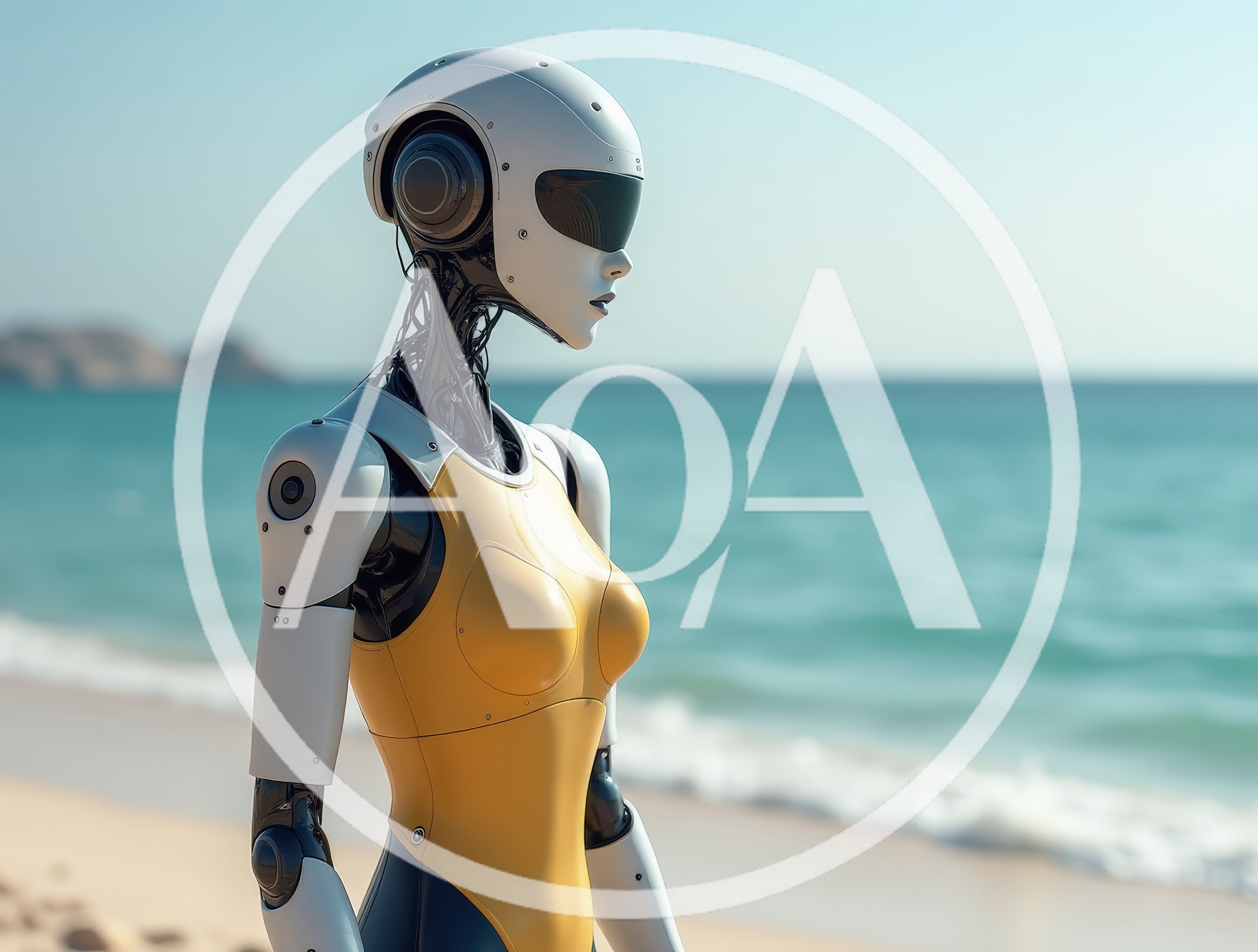Futuristic Android Standing On A Sunny Beach
