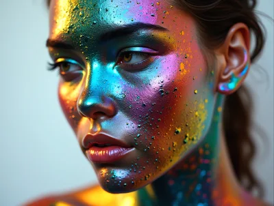 Portrait Of A Woman With Iridescent Metallic Face Paint